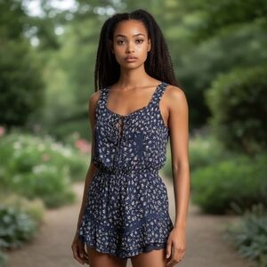 Angie Navy Floral Shorts Romper Medium